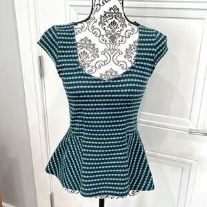 Anthropologie Postmark Blouse Cap Sleeve Peplum Green Knit Top Size XS